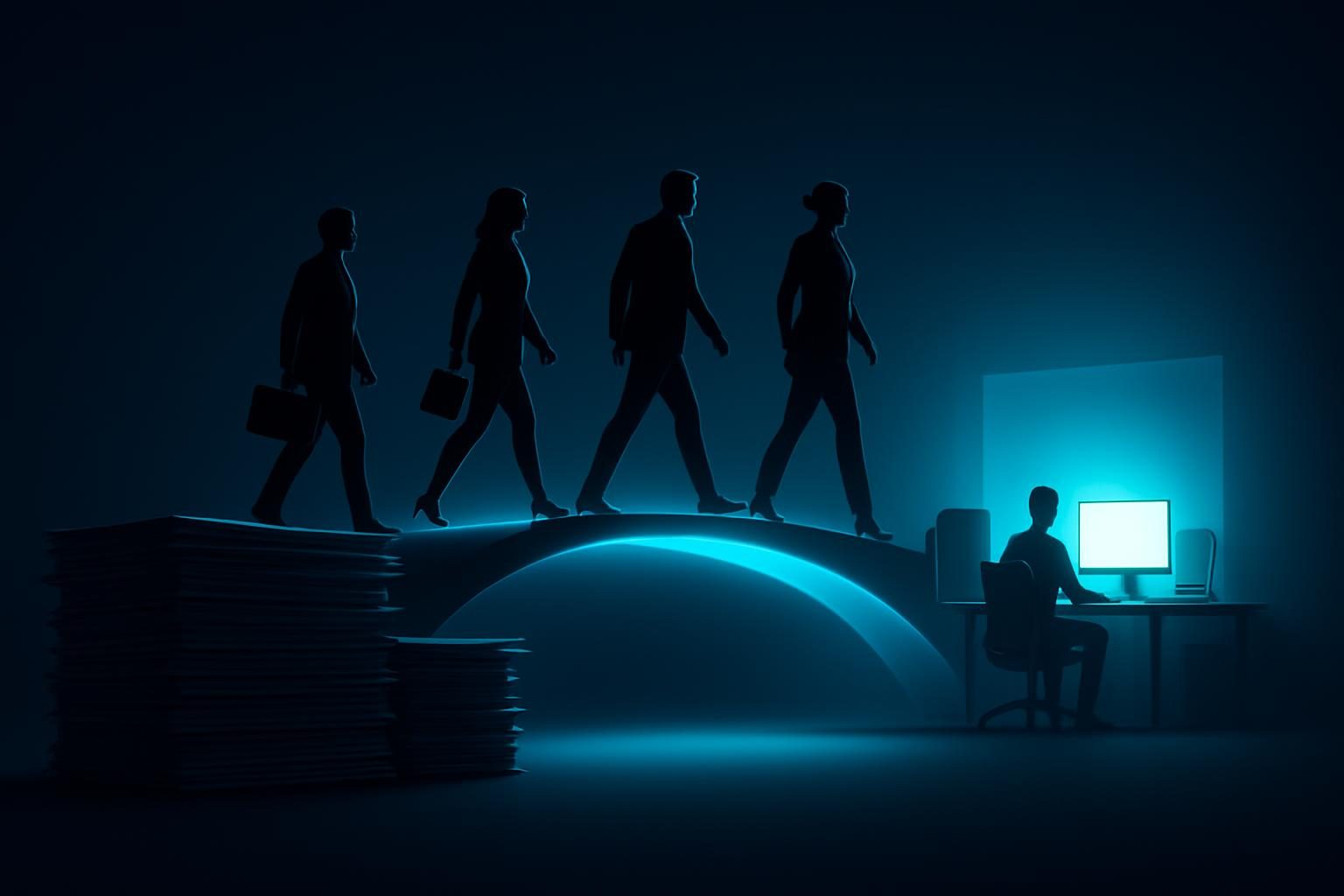 A team of colleagues crossing a glowing bridge from stacks of paper toward a modern digital workspace