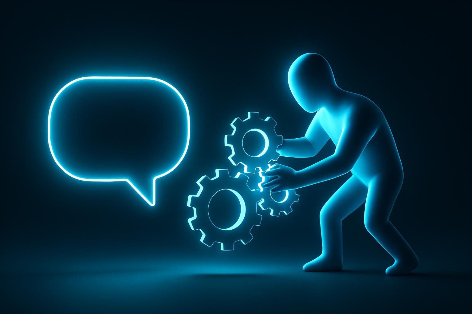 Two contrasting figures of light: one shaped as a speech bubble, one actively assembling gears