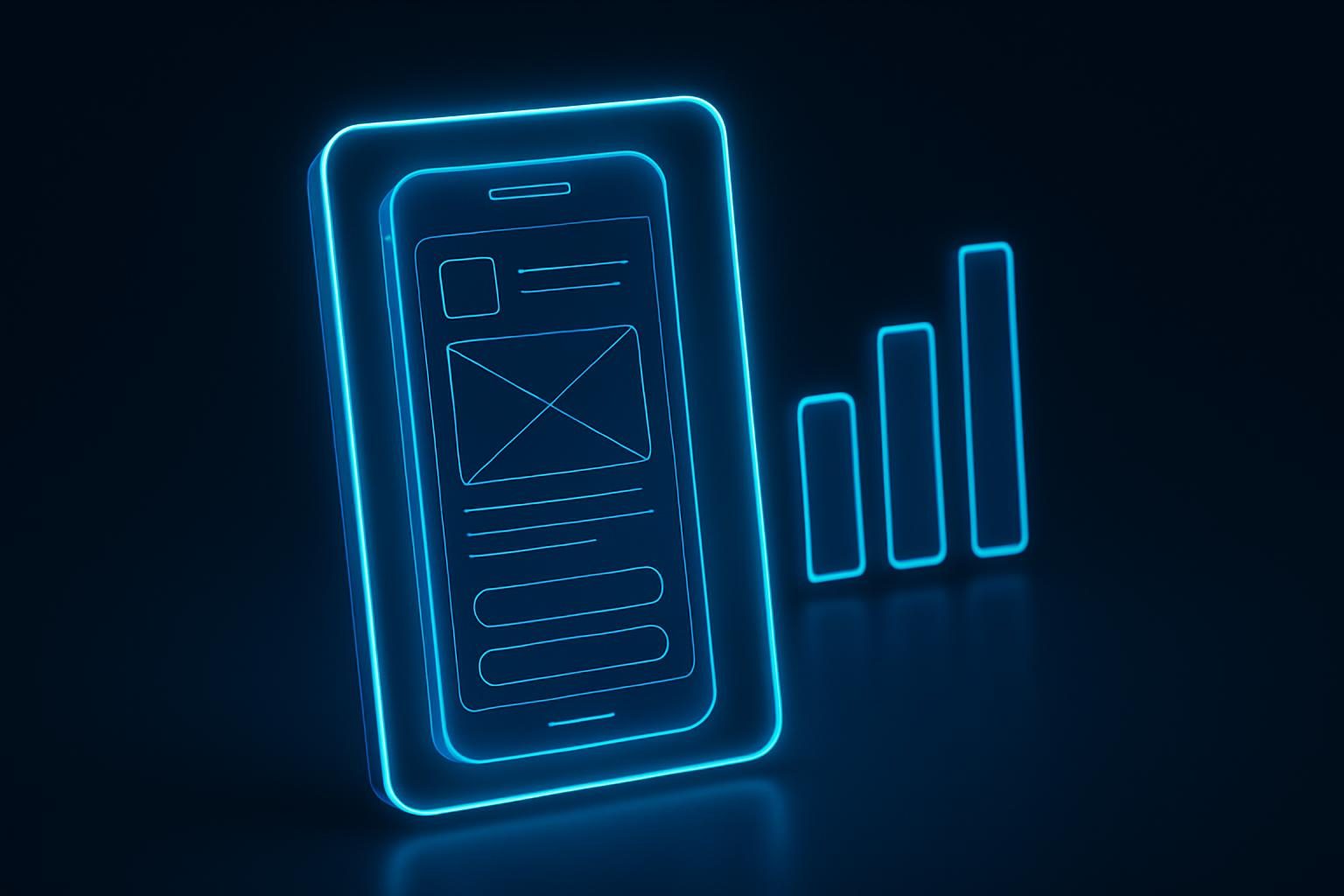 Blueprint of a mobile AI app surrounded by glowing cost meters