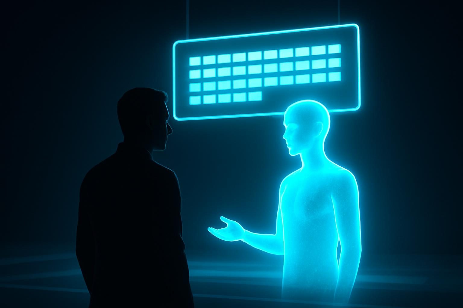 A person practicing a conversation with a luminous AI figure beneath a scoreboard of light