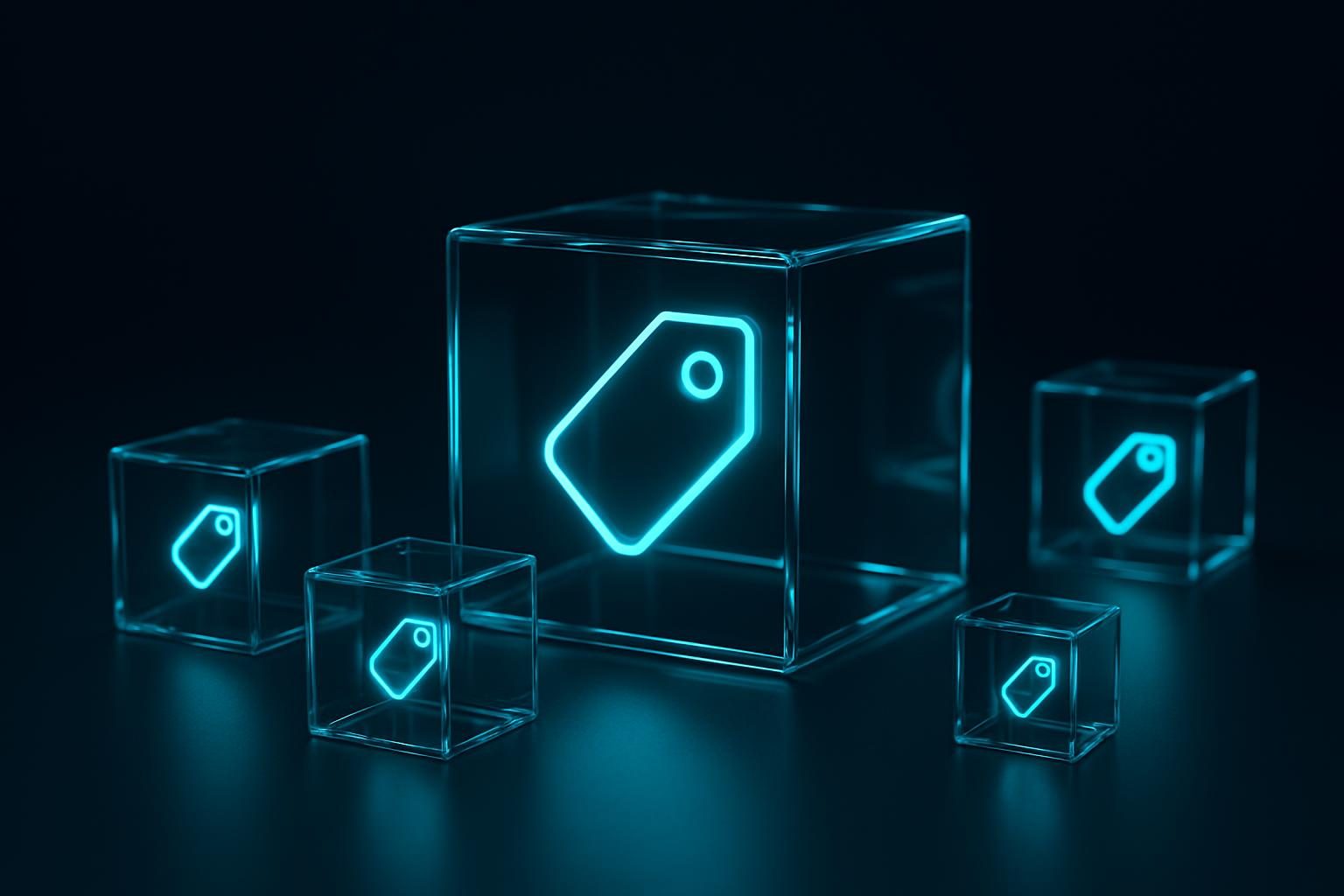 AI consulting cost concept: glass cubes of different sizes glowing with cyan price tags of light
