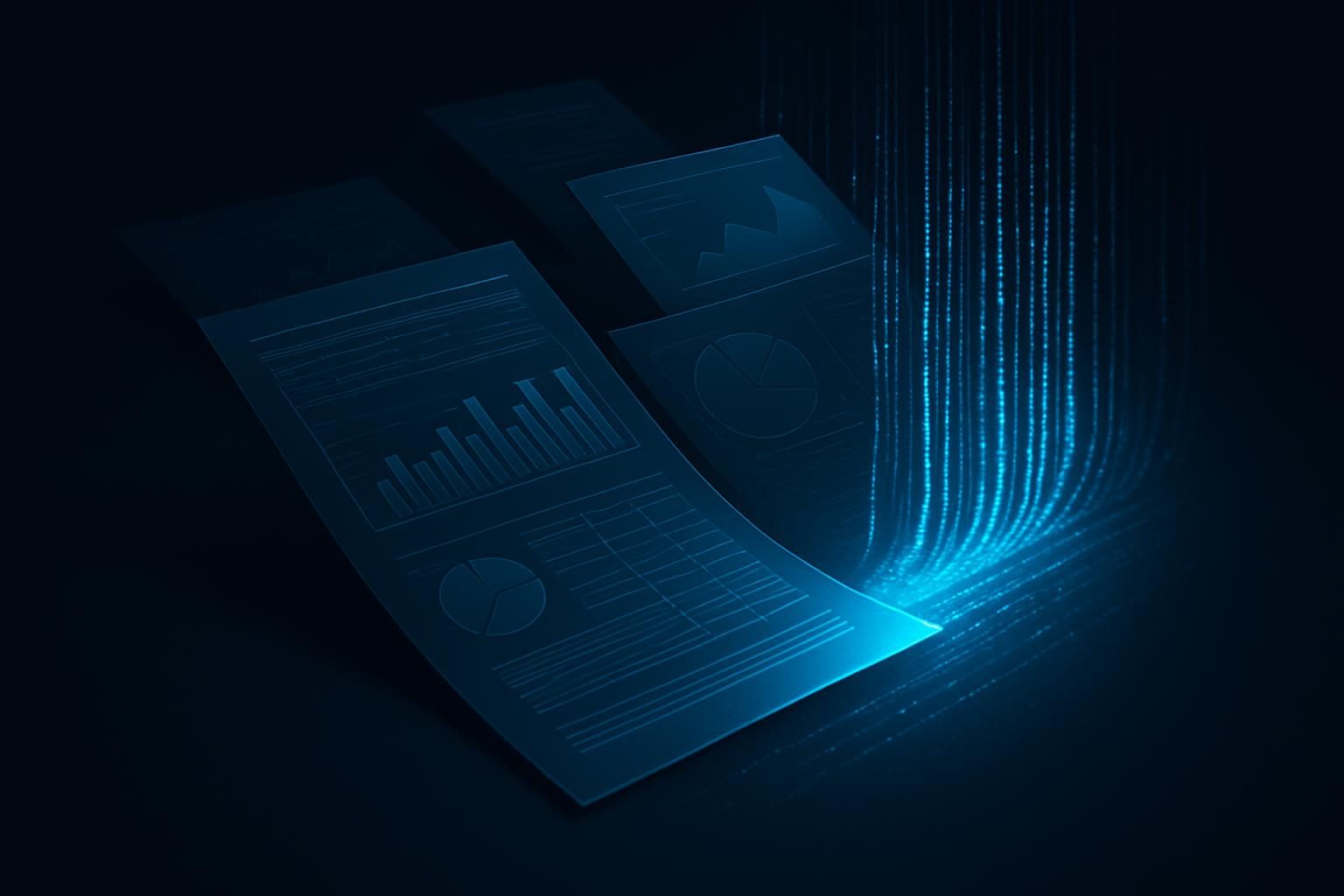 AI finance automation: financial documents and spreadsheets transforming into orderly streams of glowing data