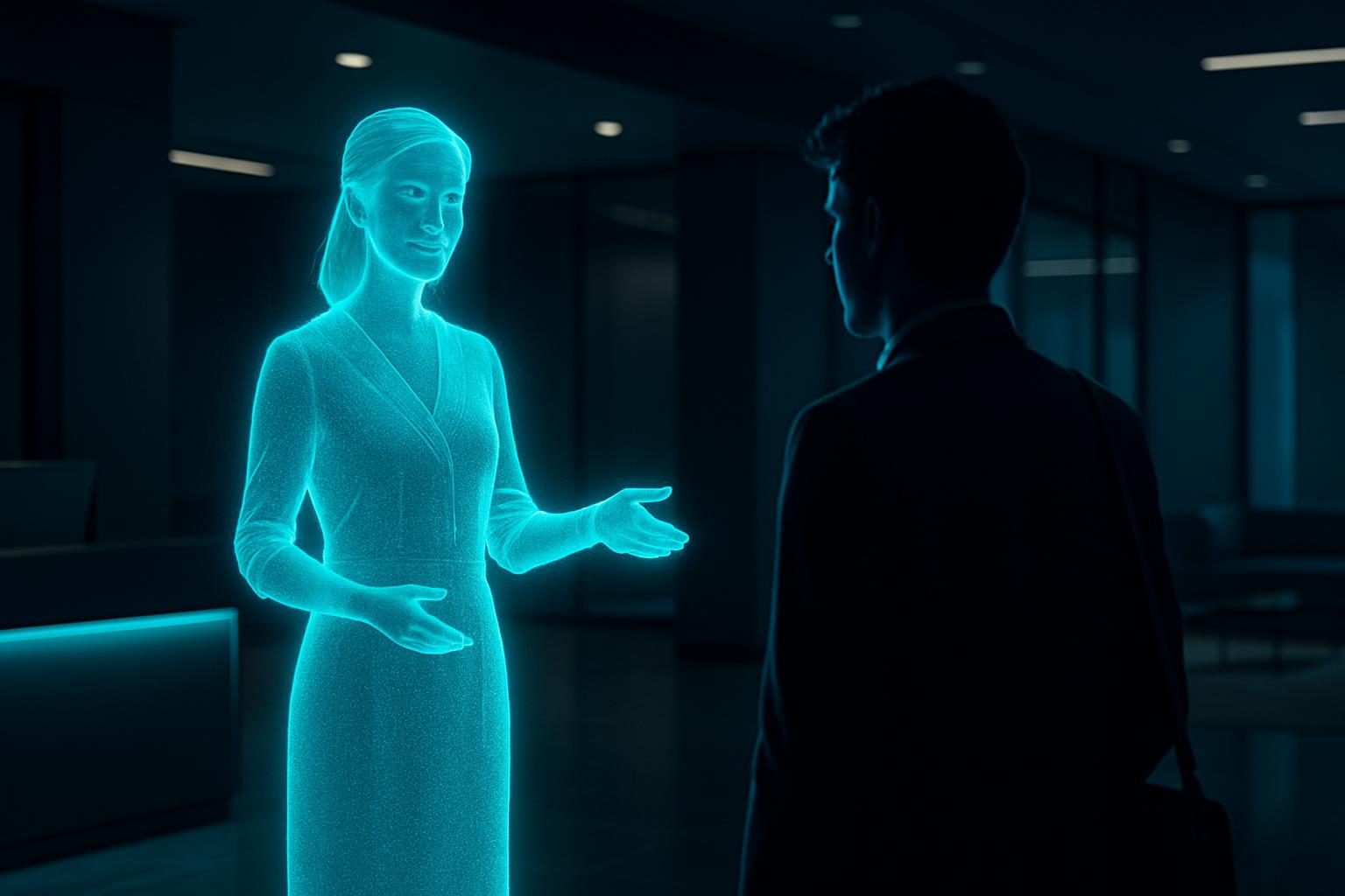 AI in HR: a welcoming office lobby where a soft holographic guide greets a new employee