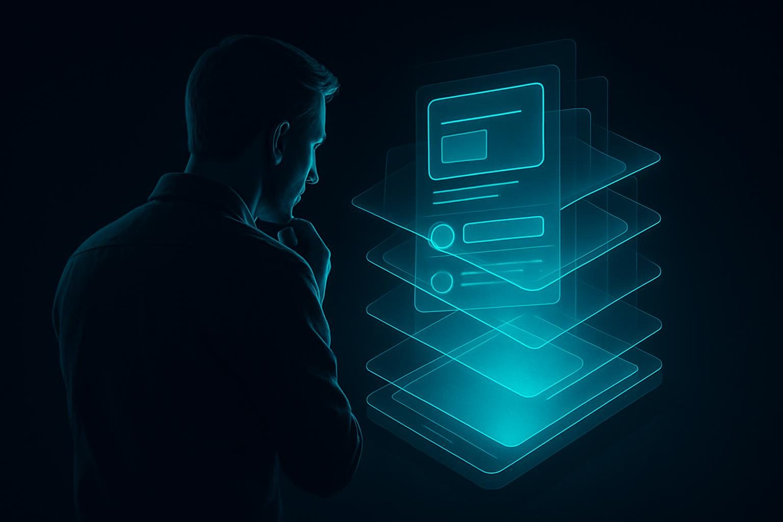 A glowing application assembling itself on screen while an engineer reviews each layer