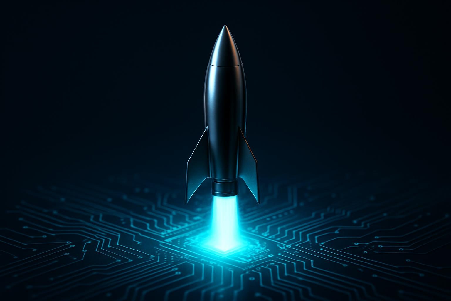 A small sleek rocket on a launchpad made of circuit-board patterns with a cyan ignition glow