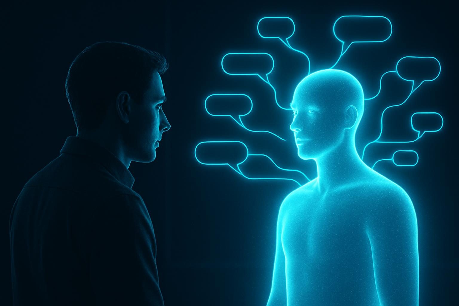 A trainee inside a VR simulation talking with a luminous virtual character whose dialogue branches like light