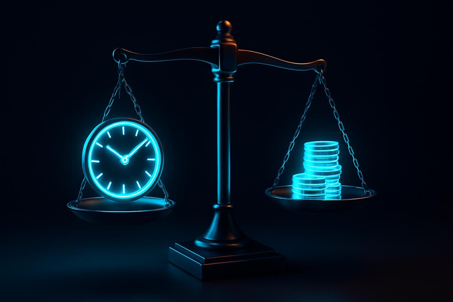 A balanced scale weighing saved hours of time against the cost of AI implementation