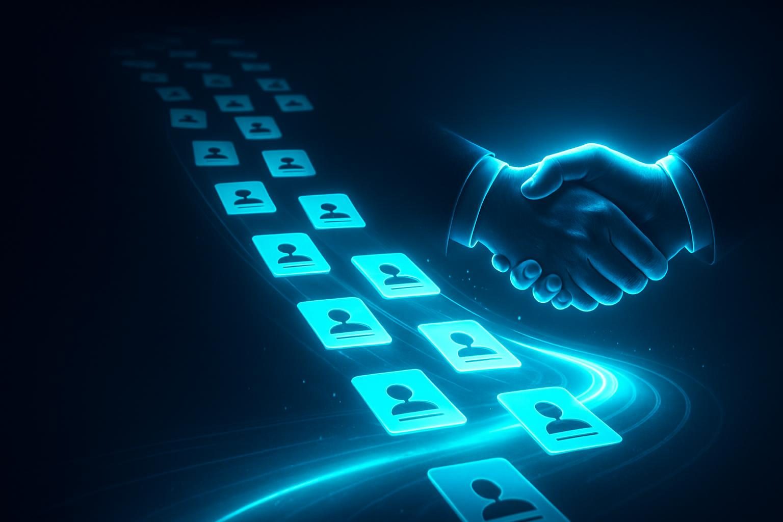 A sales pipeline visualized as a glowing stream of prospect cards flowing toward a handshake