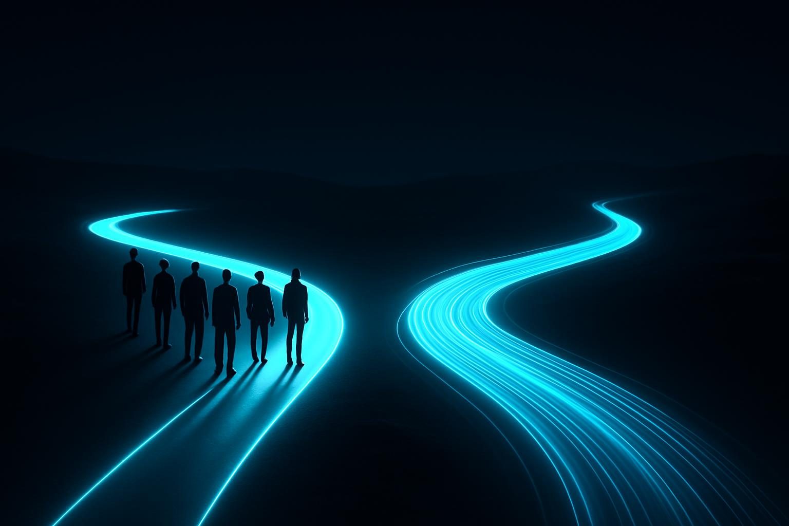 A forked path on a dark landscape, one branch leading toward people and the other toward flowing automation
