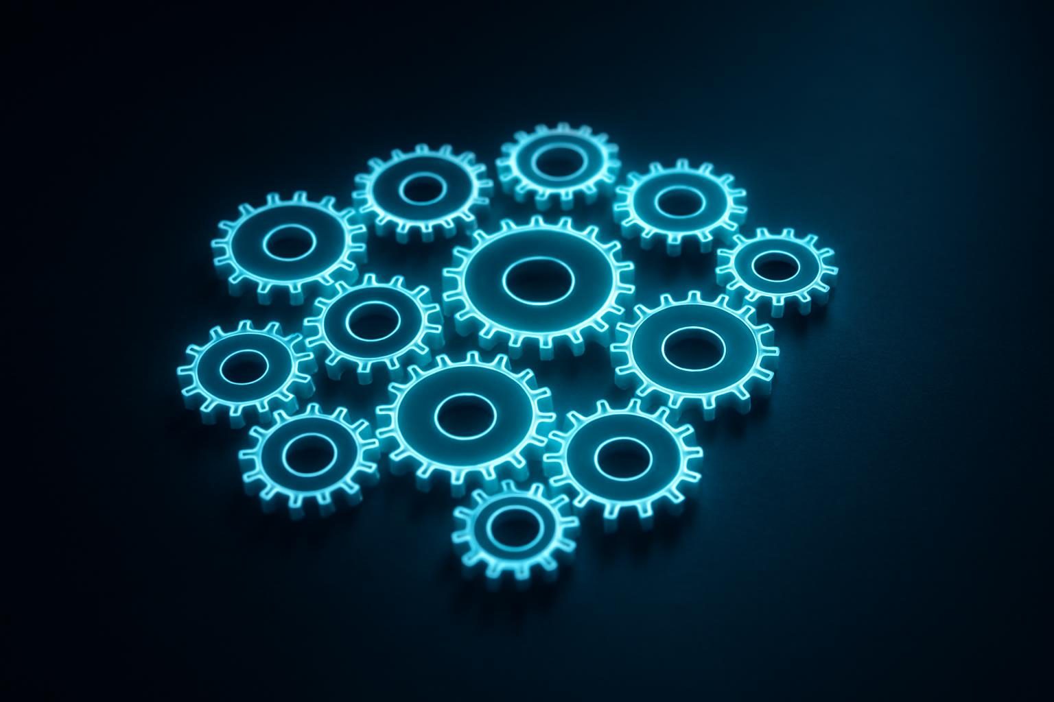AI workflow automation examples: fifteen interconnected gears of light forming an elegant machine