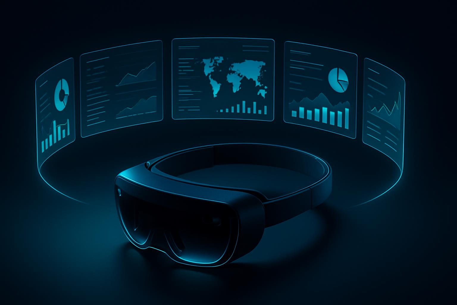 A sleek mixed-reality headset on a desk projecting a ring of floating enterprise dashboards