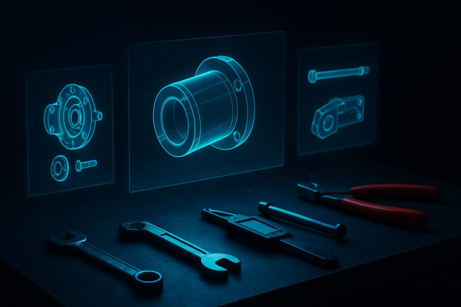 A real workbench where translucent cyan holograms of parts and instructions hover over physical tools