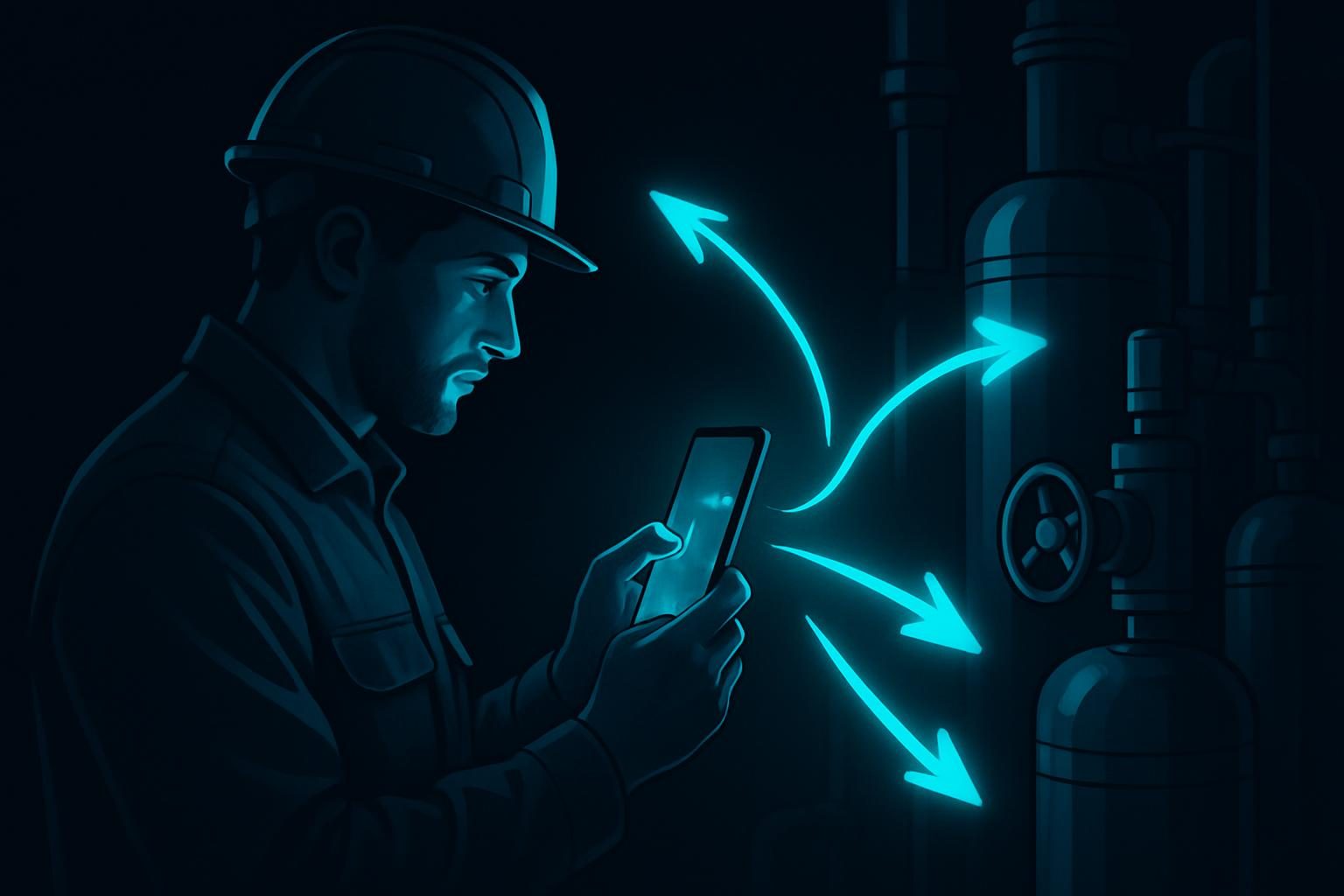 A field technician viewing equipment through a phone as glowing annotation arrows drawn by a remote expert appear on the machinery
