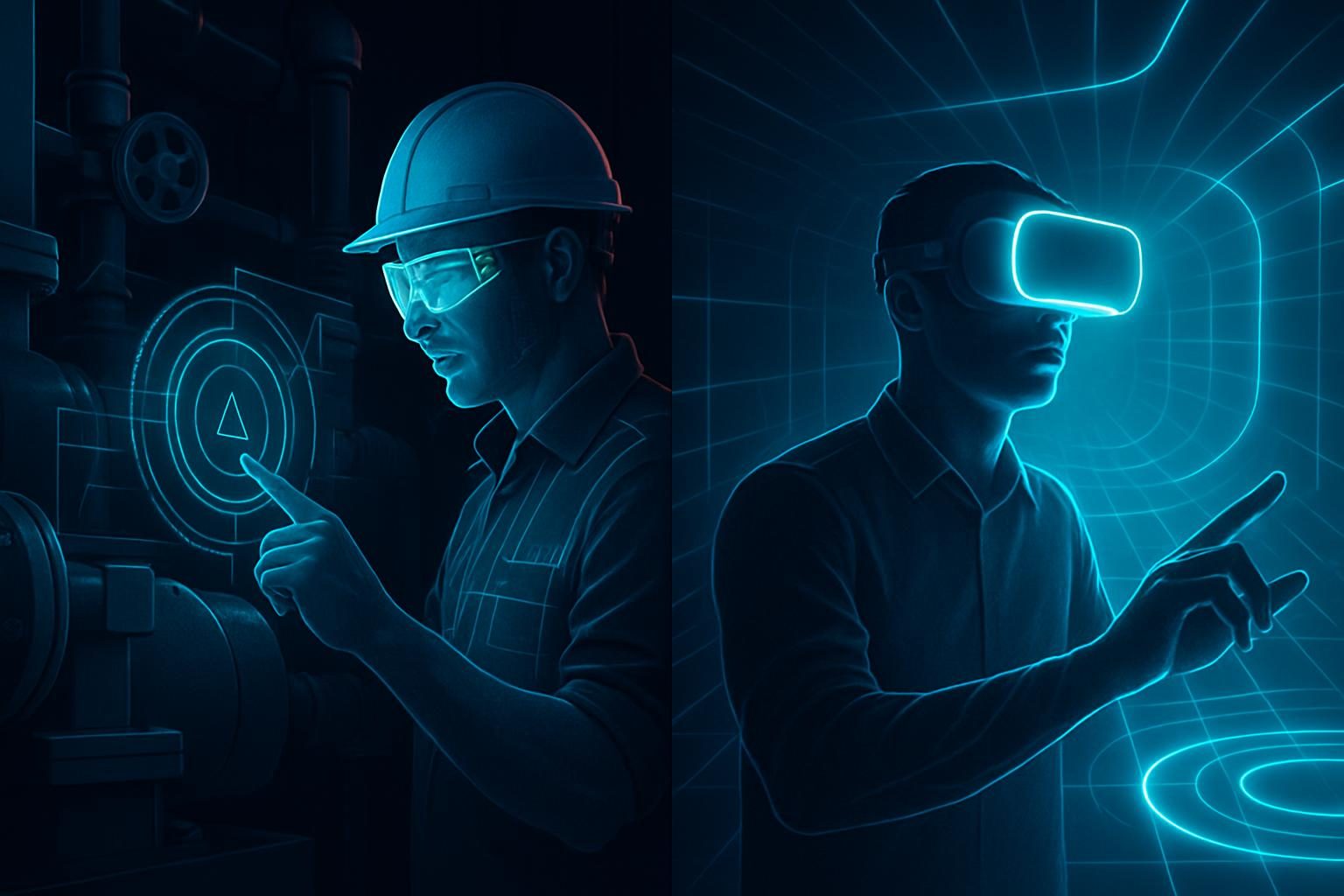 Split scene of one worker guided by AR overlays on real equipment and another training inside a simulated VR environment