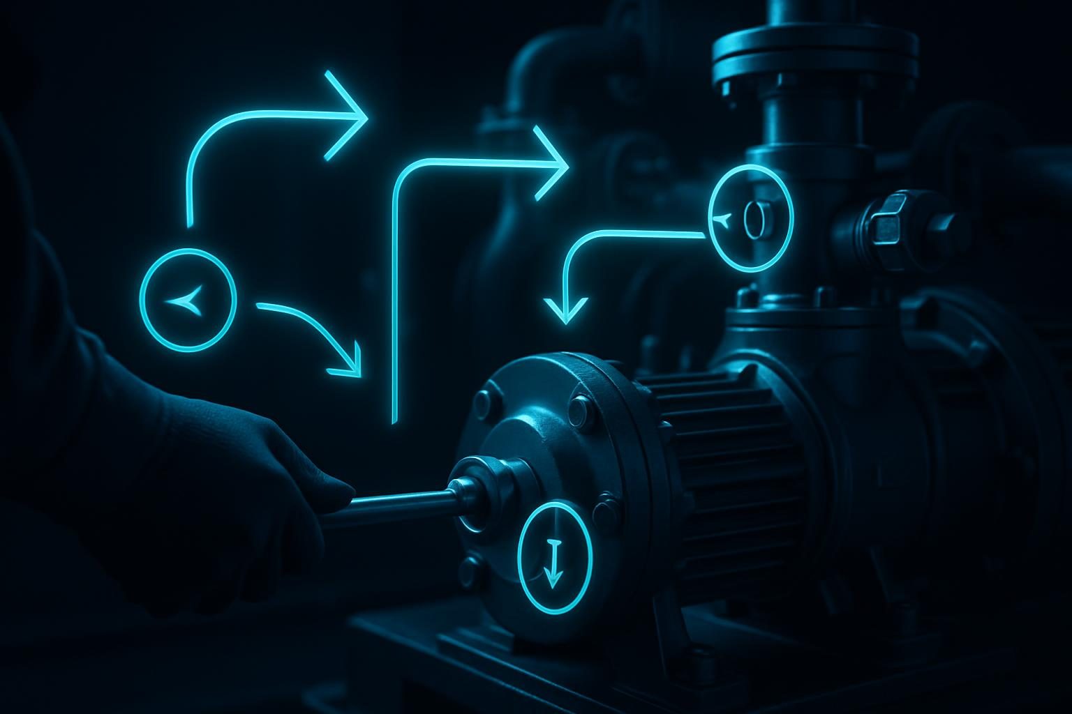A technician's view of machinery with floating cyan step-by-step arrows and torque callouts overlaid on the equipment