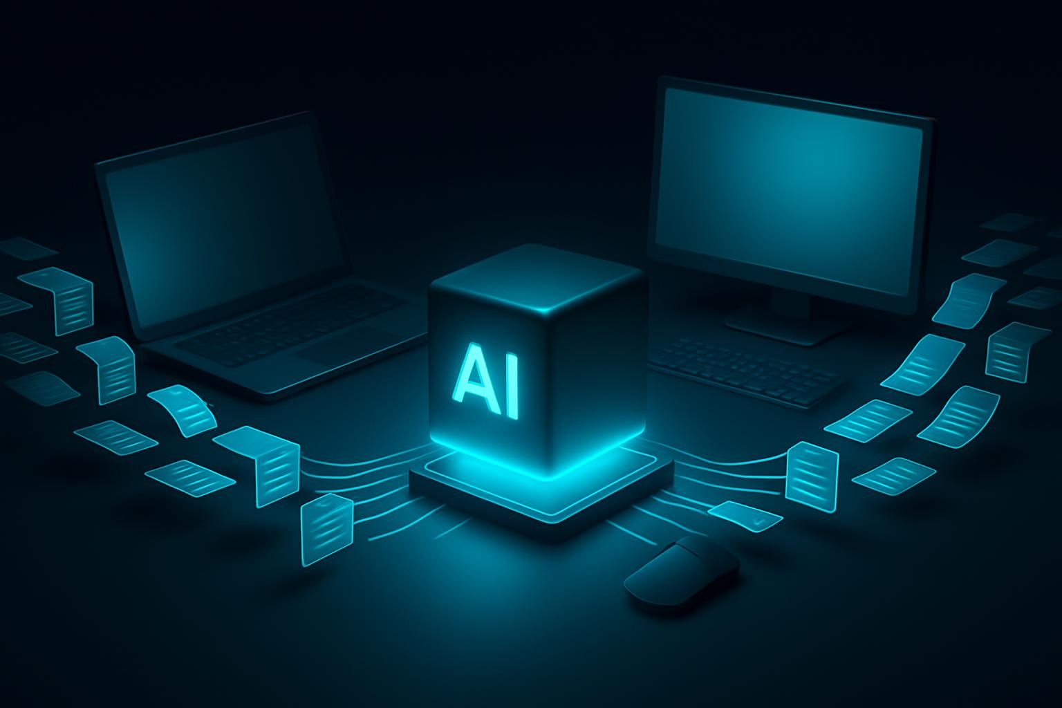 Claude for business operations: orderly streams of documents flowing through a glowing AI core on a minimalist workstation