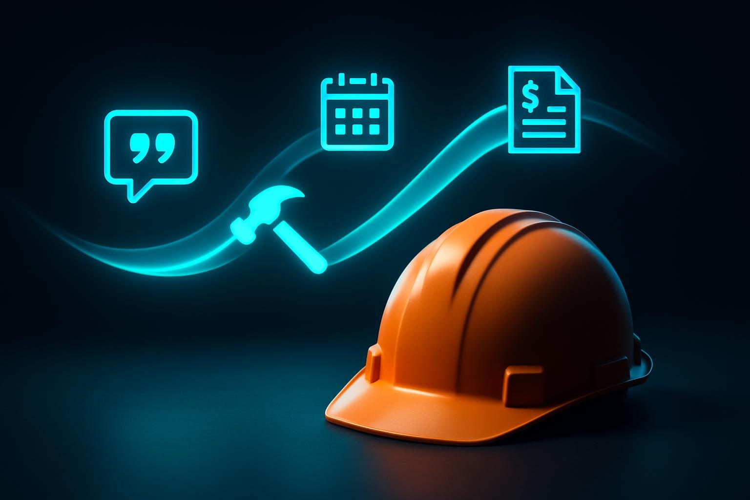 A single ribbon of light connecting quote, calendar, job, and invoice icons on a contractor's desk
