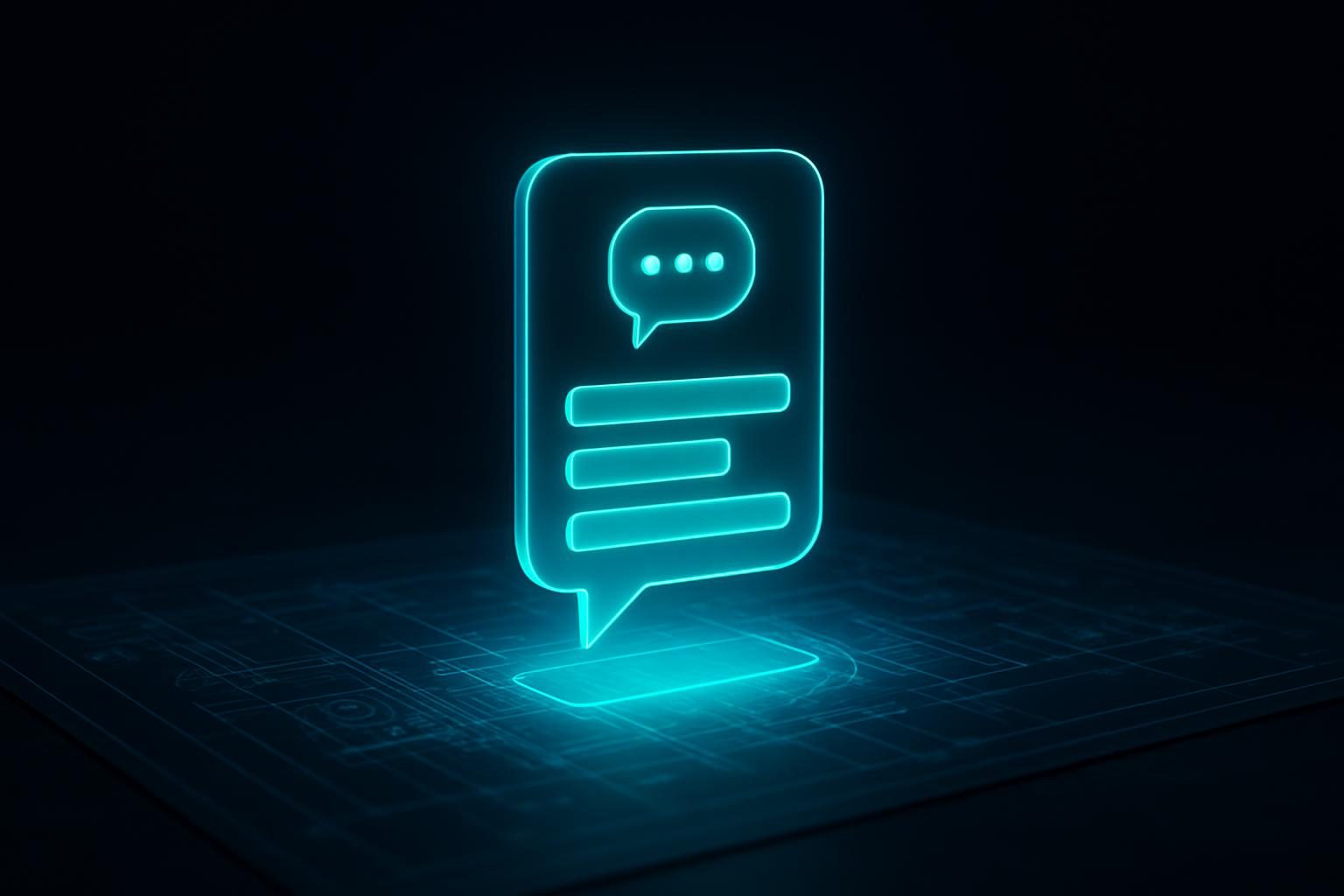 A sleek chat interface hologram rising from a workbench with engineering blueprints beneath it