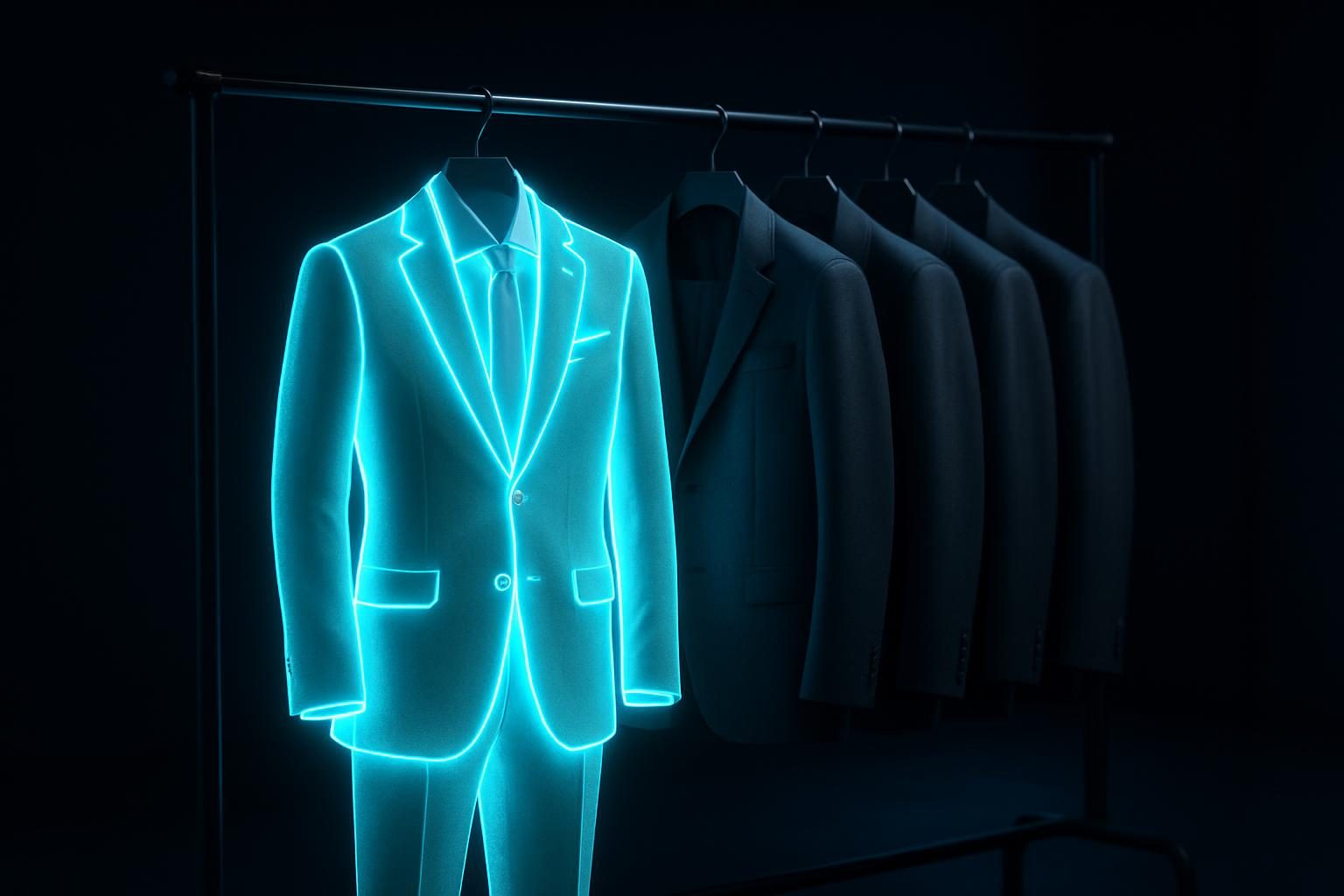 A tailored suit of glowing fabric beside a rack of identical gray suits in a dark showroom