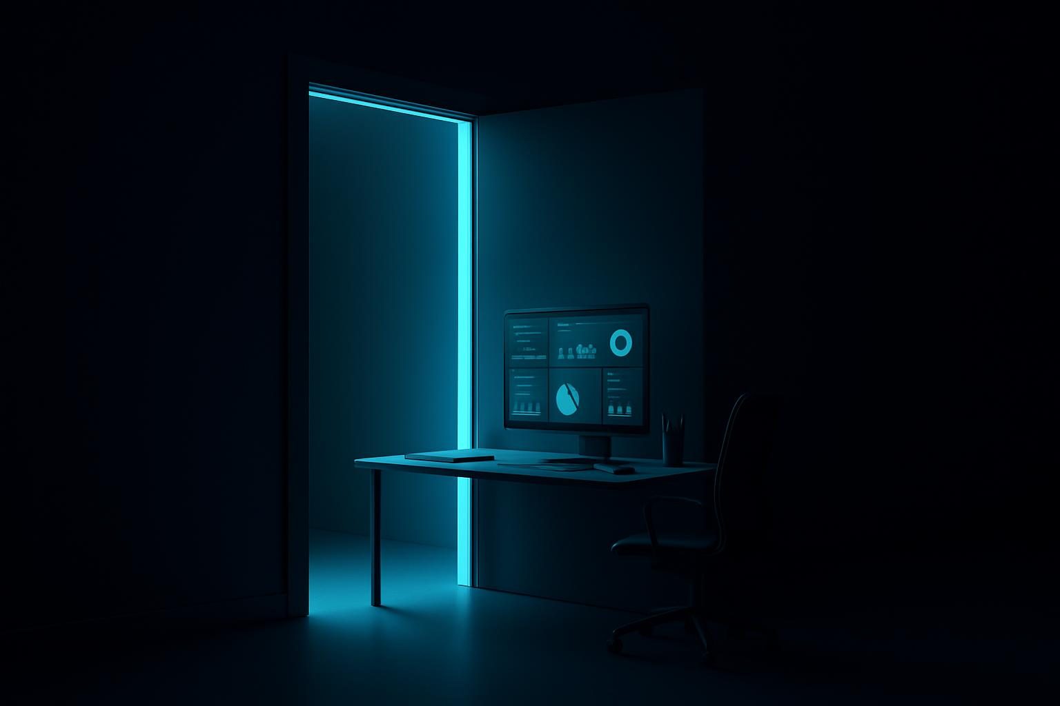 An elegant doorway of light opening from a dark wall into an organized digital workspace