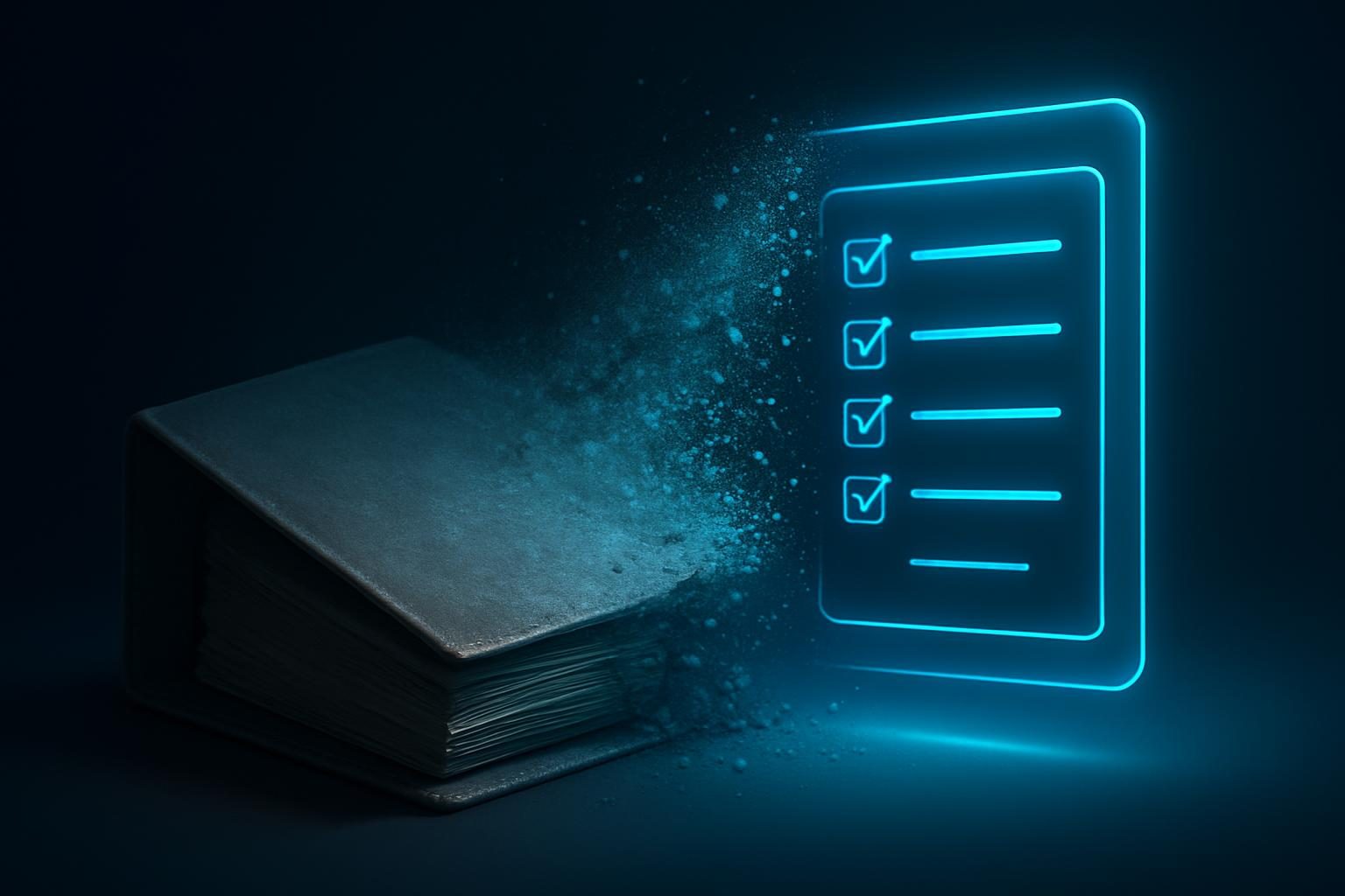 A dusty paper binder dissolving into a clean floating digital checklist interface
