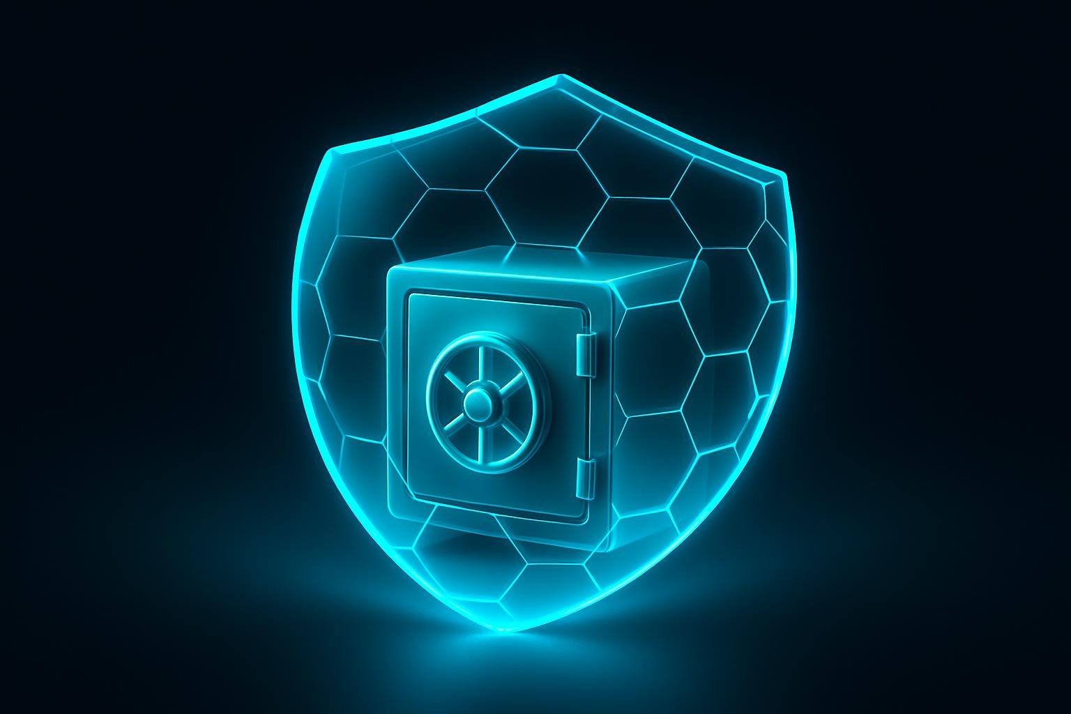 A translucent shield of hexagonal panels protecting a glowing data vault
