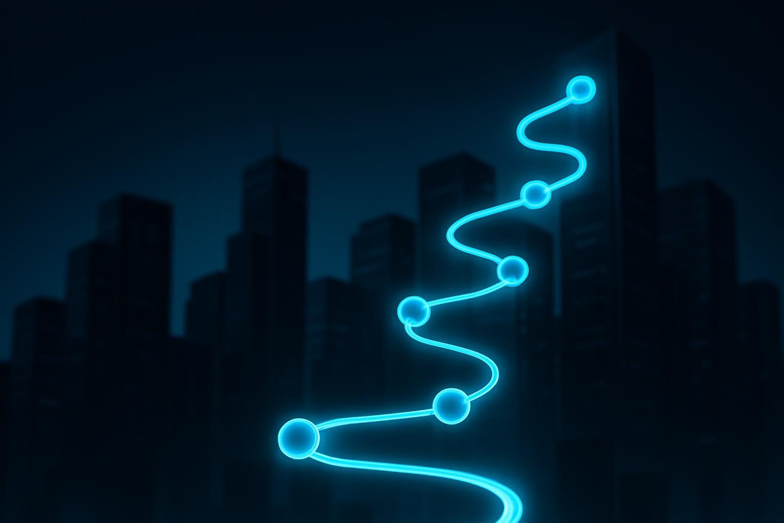 Enterprise AI implementation roadmap visualized as an illuminated path of connected nodes rising through a corporate skyline