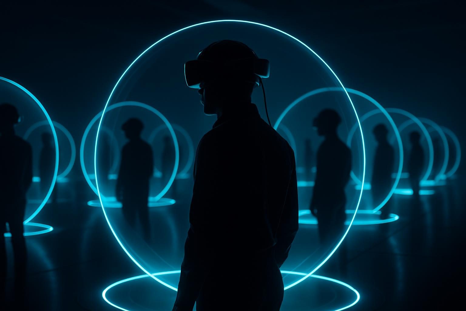 Training room with rows of employees wearing VR headsets, each inside their own glowing simulation