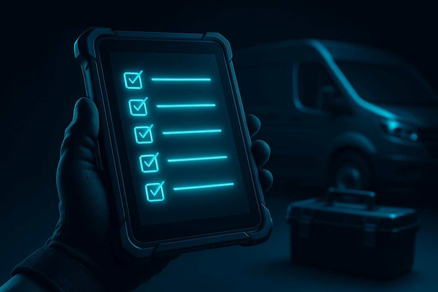 A rugged tablet in a work-gloved hand showing a glowing job checklist with a service van in the background