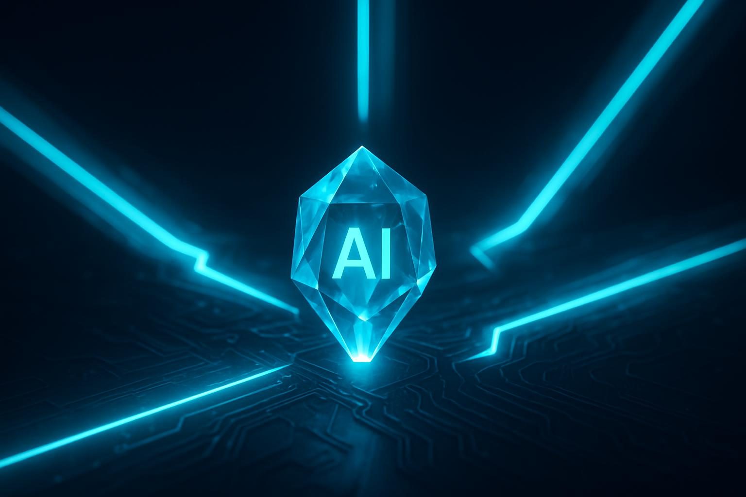 Three glowing toolpaths converging on a crystalline AI core