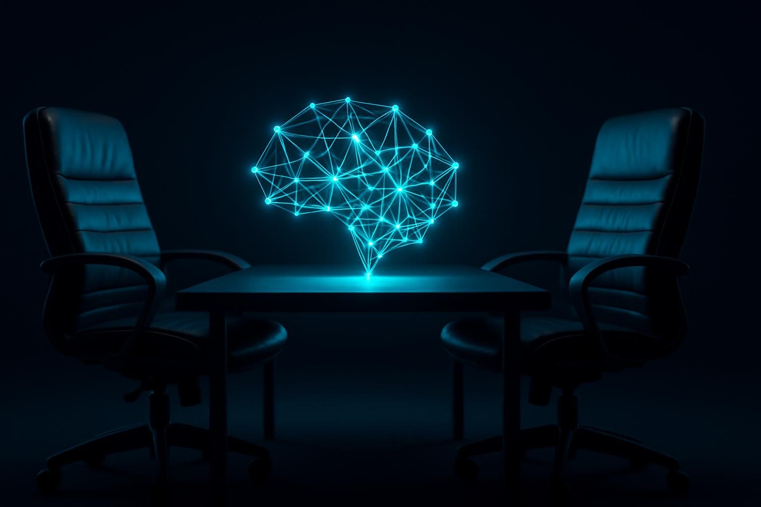 Choosing an AI consultant: two chairs facing each other across a desk with a glowing neural network hologram between them