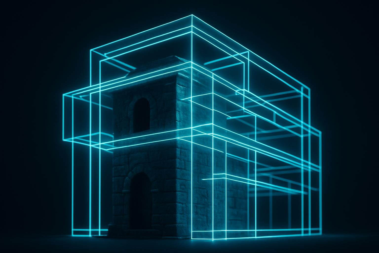 An old stone structure being carefully wrapped in a new lattice of glowing modern architecture