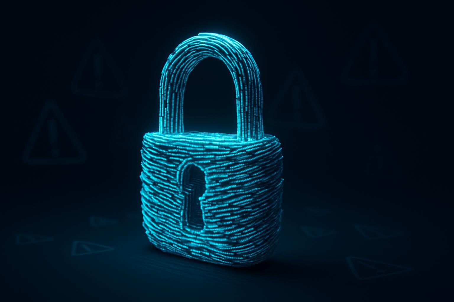A glowing padlock woven from streams of text tokens deflecting warning glyphs on a dark background