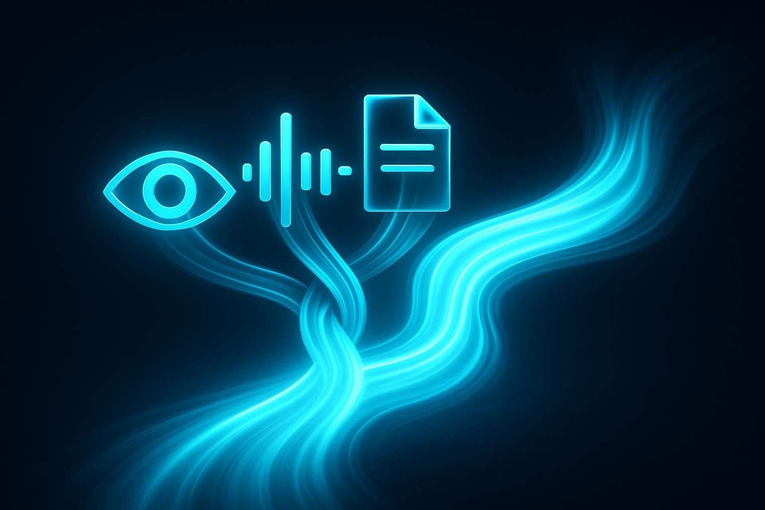 Three streams representing an eye, a sound wave, and a document braiding into one river of light