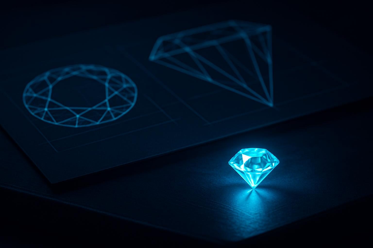 A small perfectly-cut gemstone of light on a workbench beside sketches of the larger jewel it will become