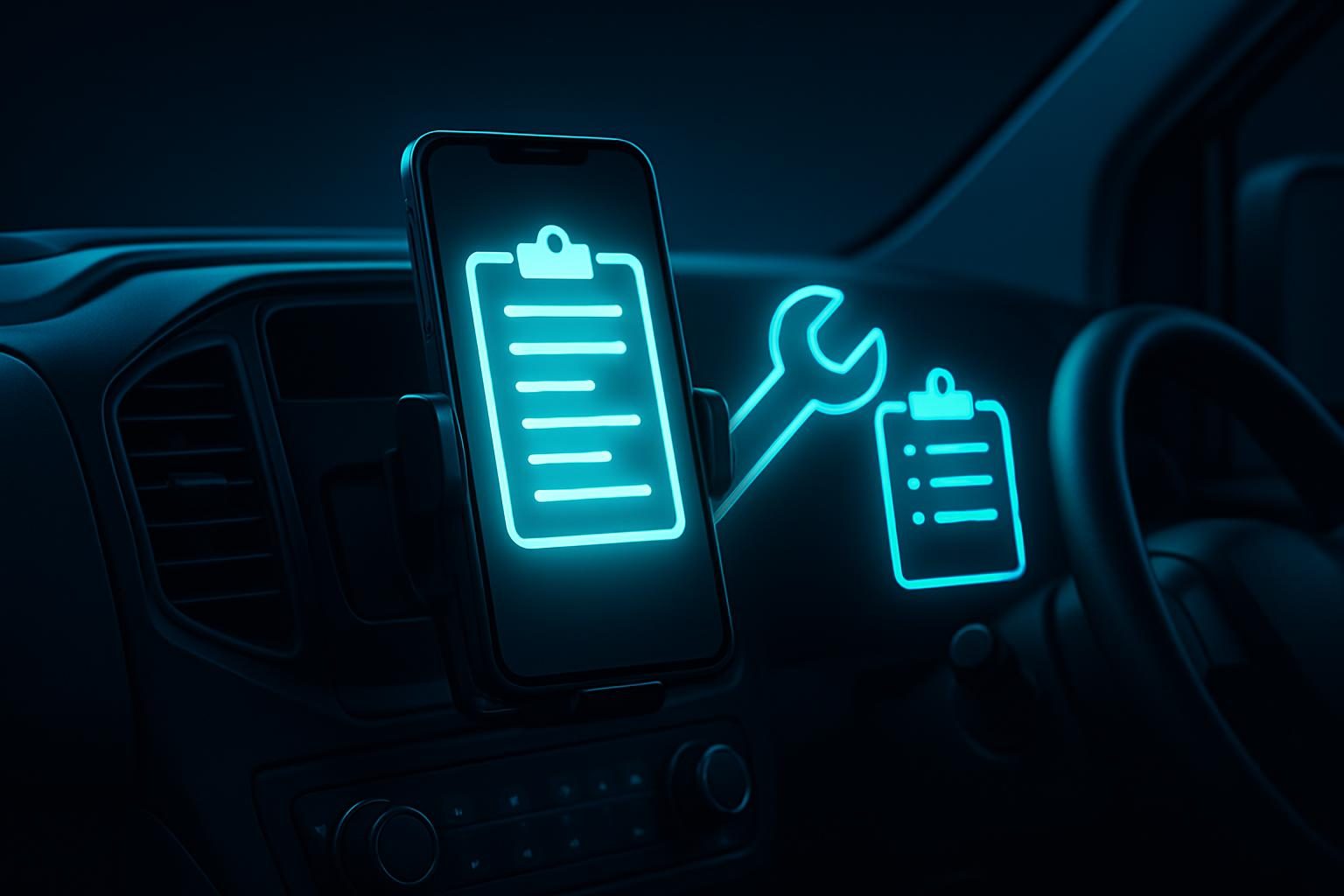 Work van dashboard with a mounted phone showing a clean digital job card replacing a paper clipboard