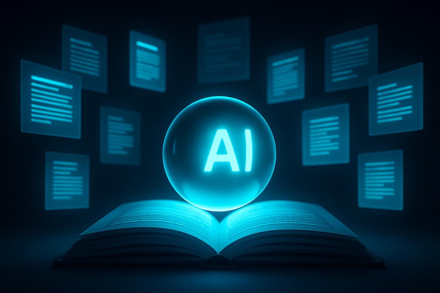 A glowing AI orb reading from an open library of floating illuminated documents