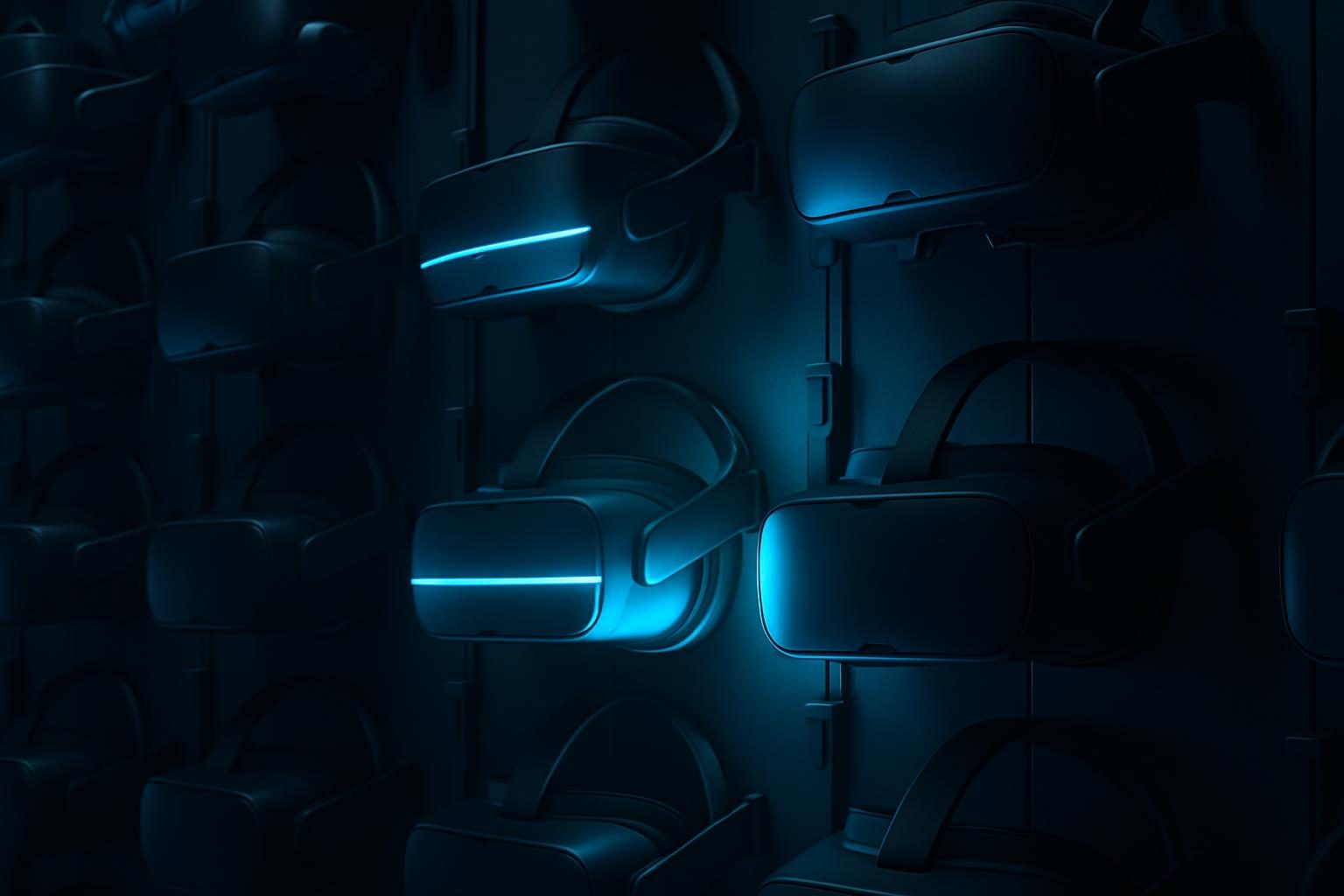 A wall of docked VR headsets glowing in sequence as an update wave passes through the fleet