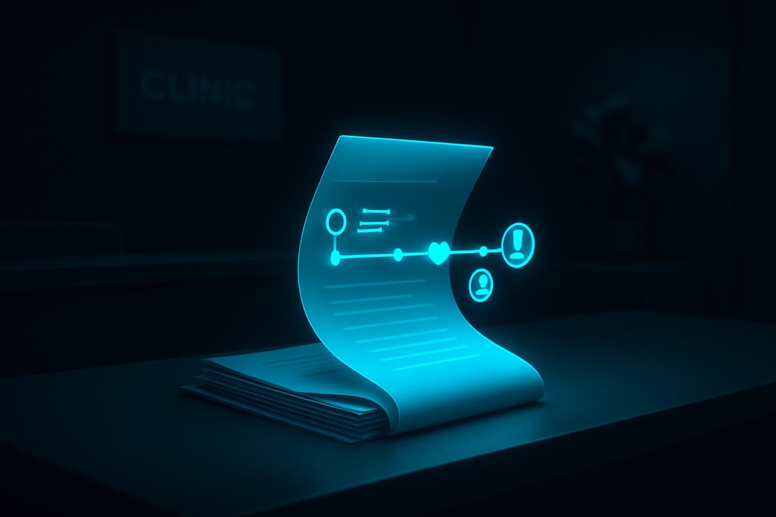 A calm clinic front desk where paperwork folds itself into a tidy glowing patient timeline