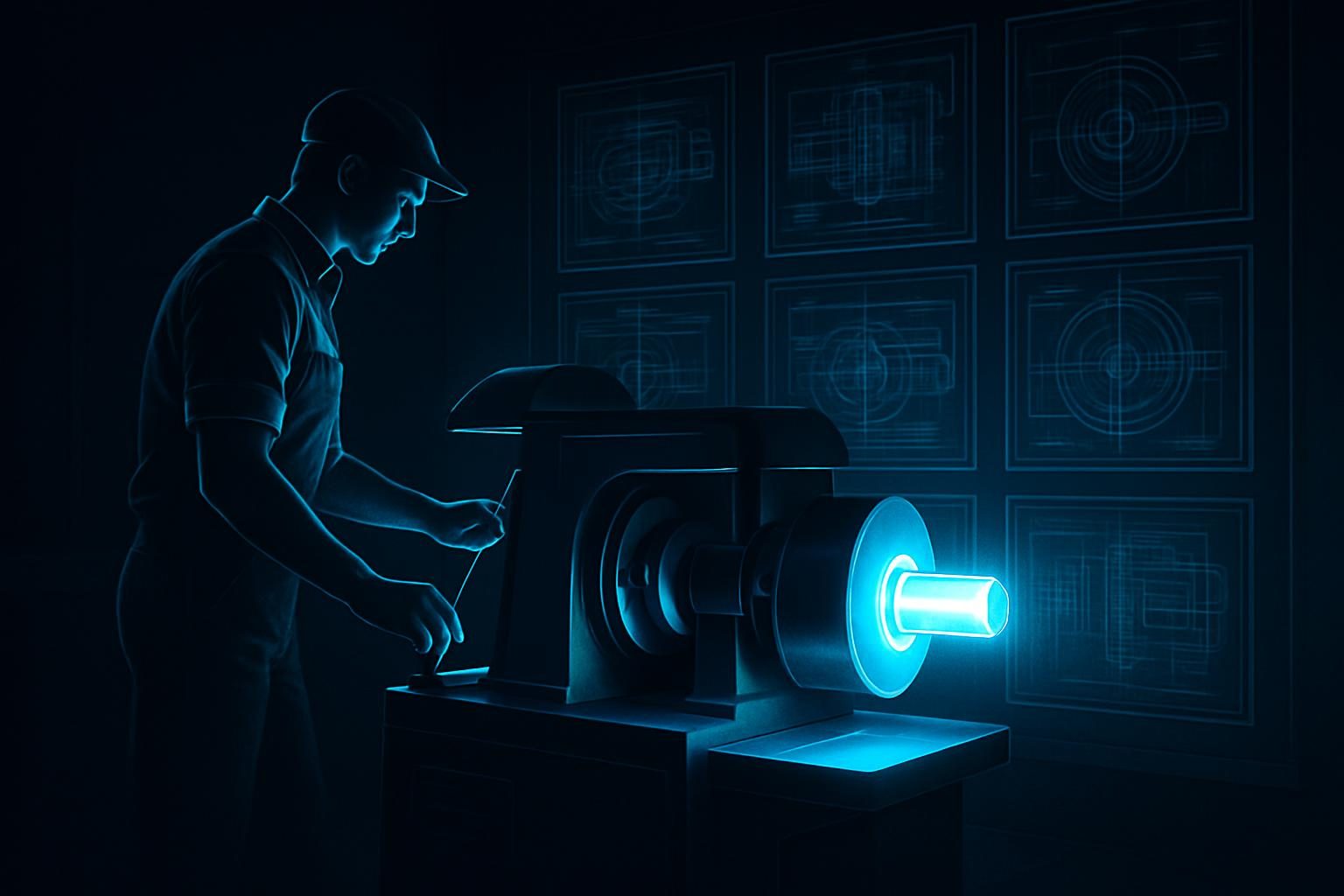 A lit workshop where a keeper tends a running machine of light, with a wall of clearly labeled blueprints behind