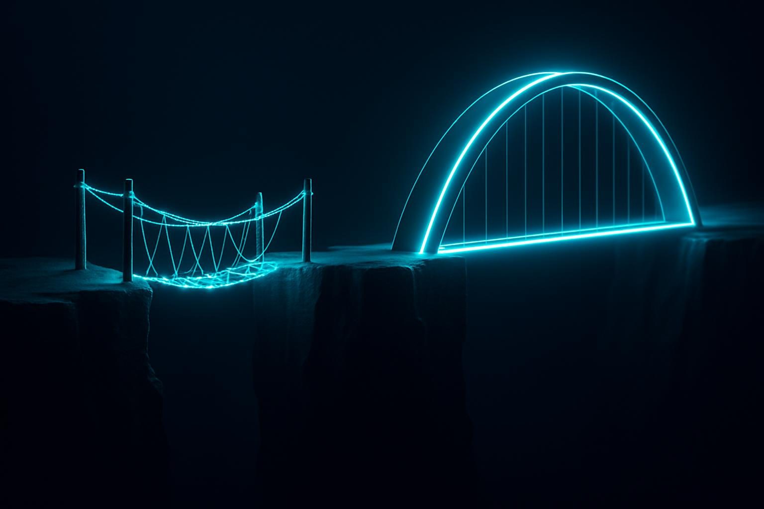 Two bridges over a chasm: an improvised rope bridge of loose glowing threads beside an engineered arch of precise light beams