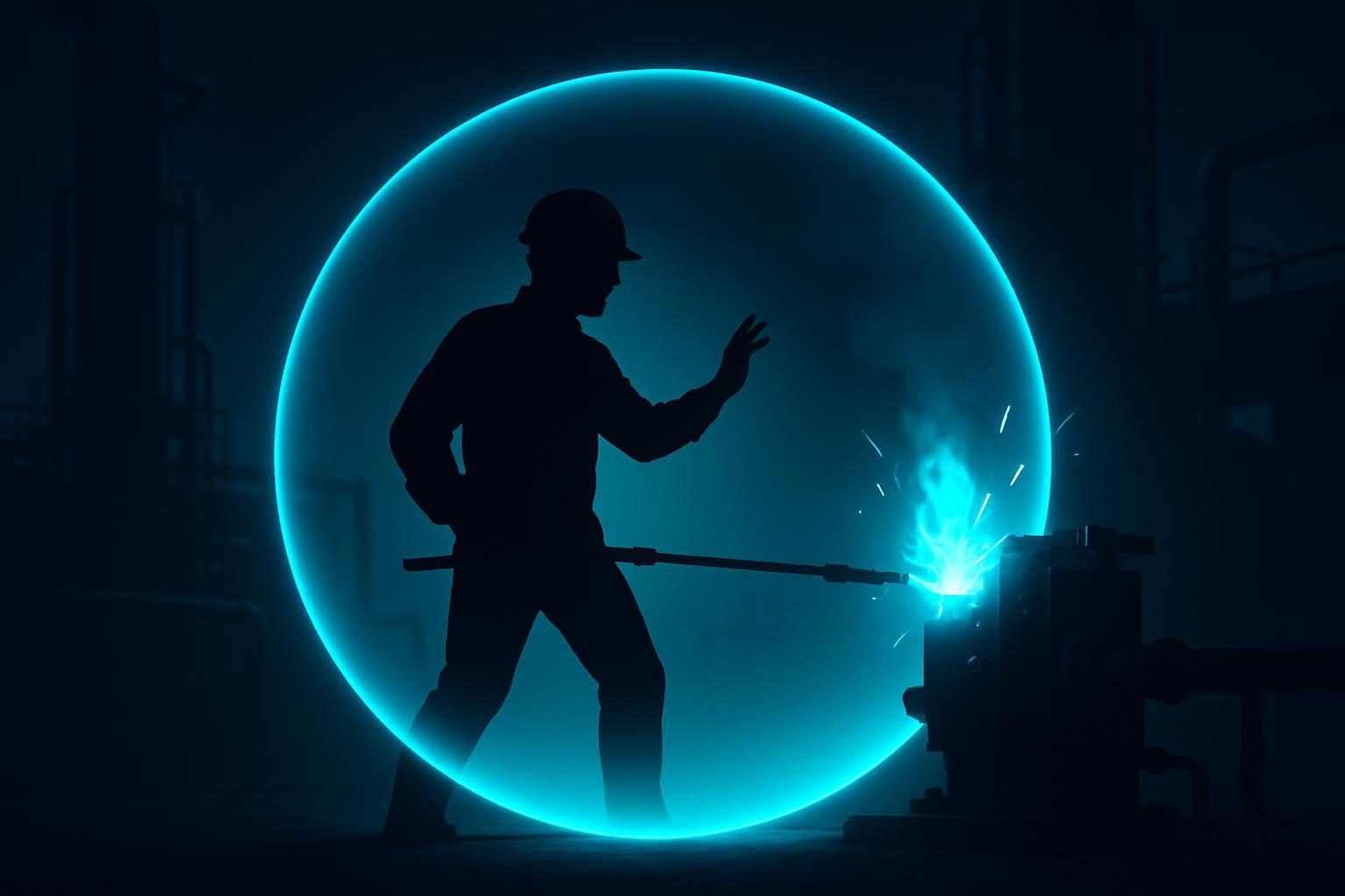 Industrial worker calmly rehearsing a hazardous scenario inside a protective sphere of simulated light