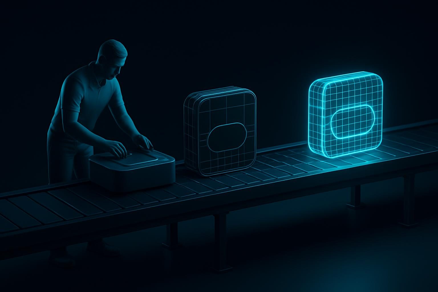 A real-world task transforming stage by stage into a wireframe and then a finished VR simulation