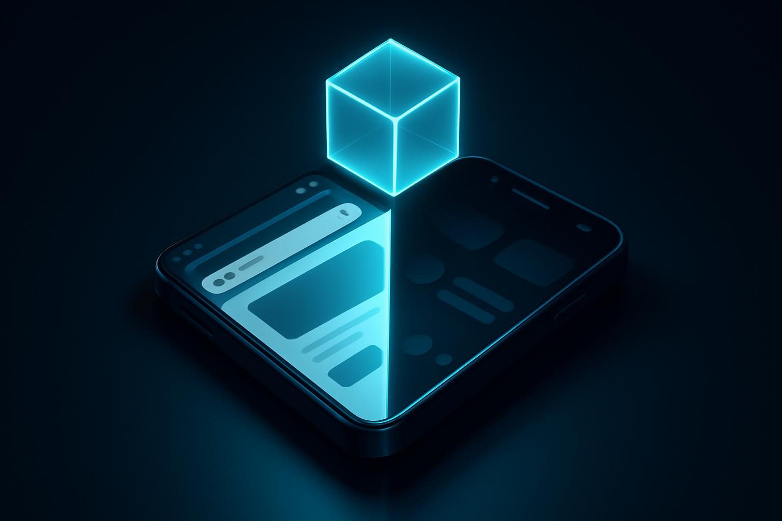 A smartphone split in half by light, one side an open browser window and the other a deep app interface, with an AR cube floating above both
