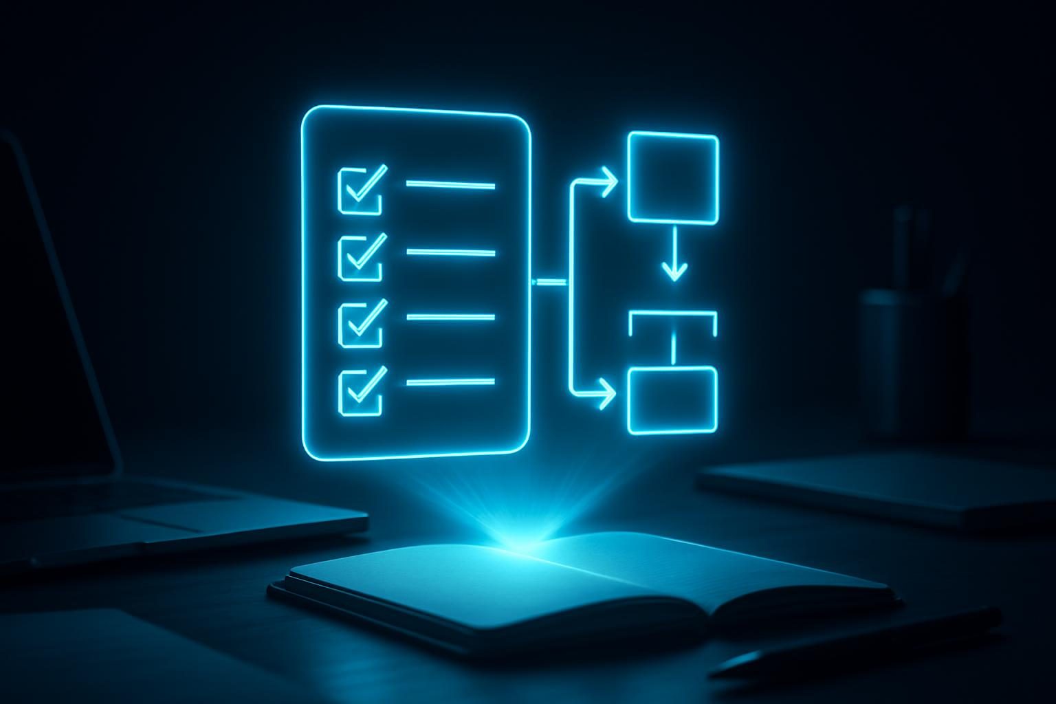 AI readiness audit concept: a glowing holographic checklist and workflow diagram above a business desk