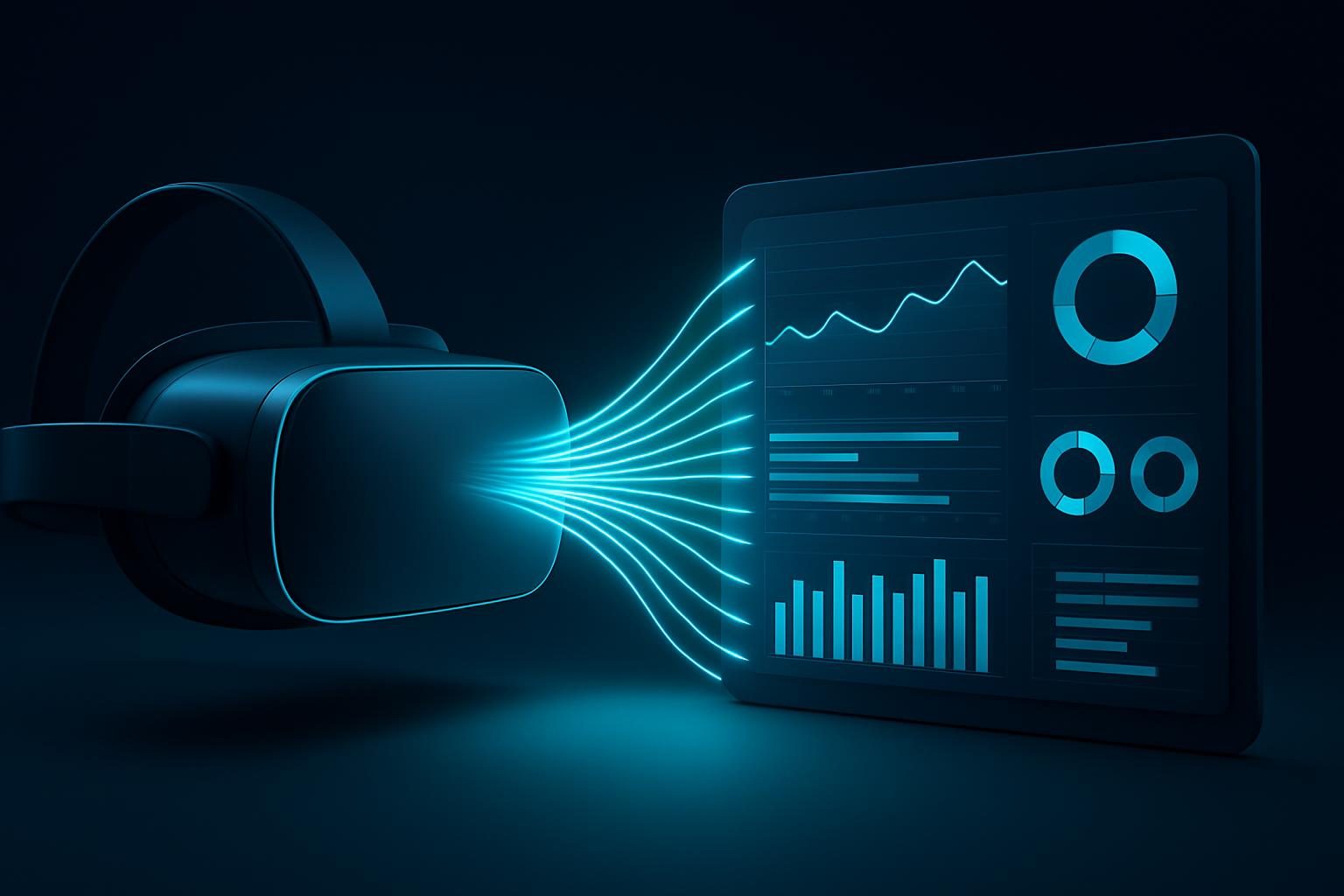 Data threads of light flowing from a VR headset into an organized reporting dashboard